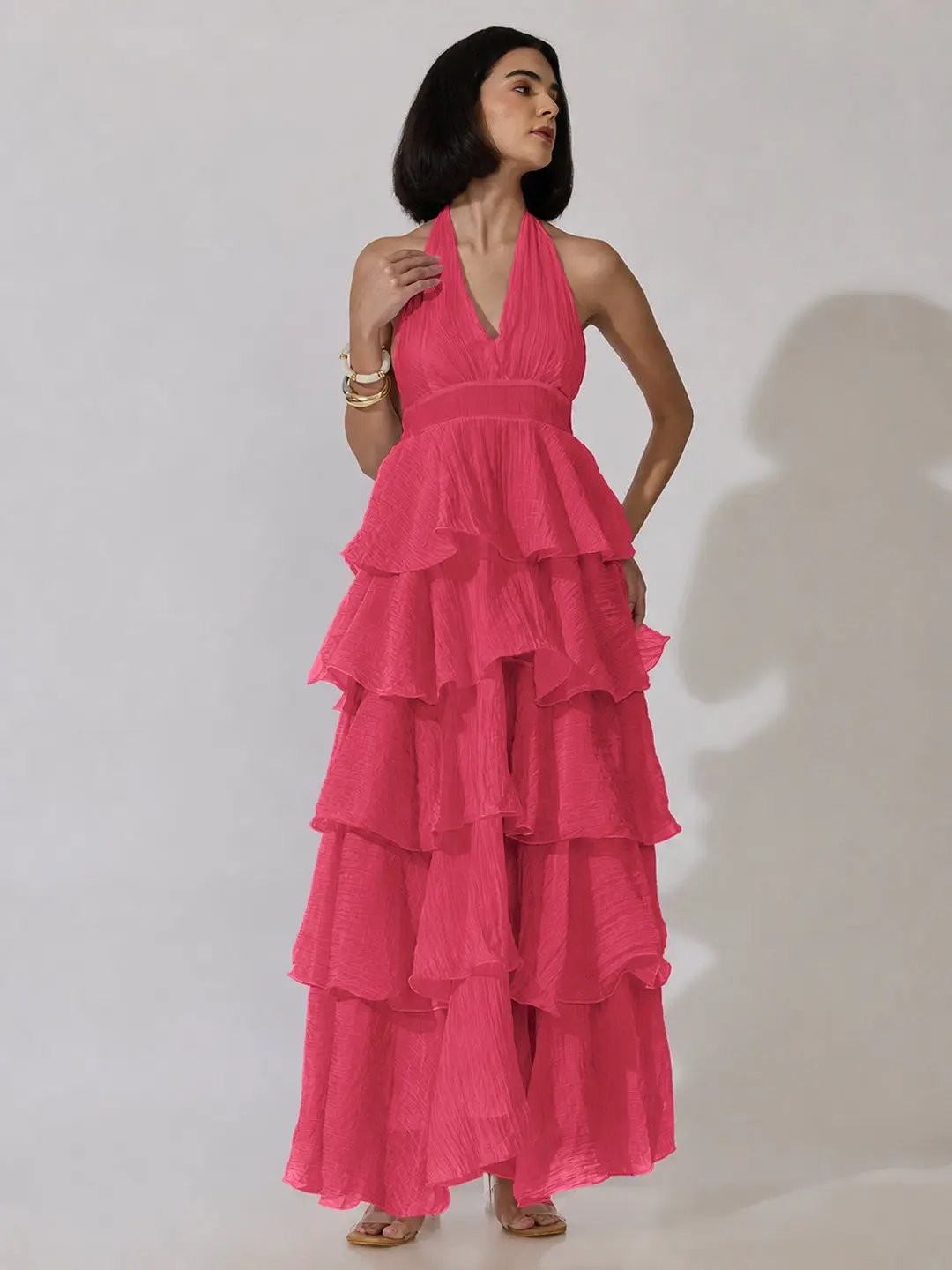 Women's Pink Tie-Up Neck Maxi Dress with Ruffle Detail - from SHOWOFFFF