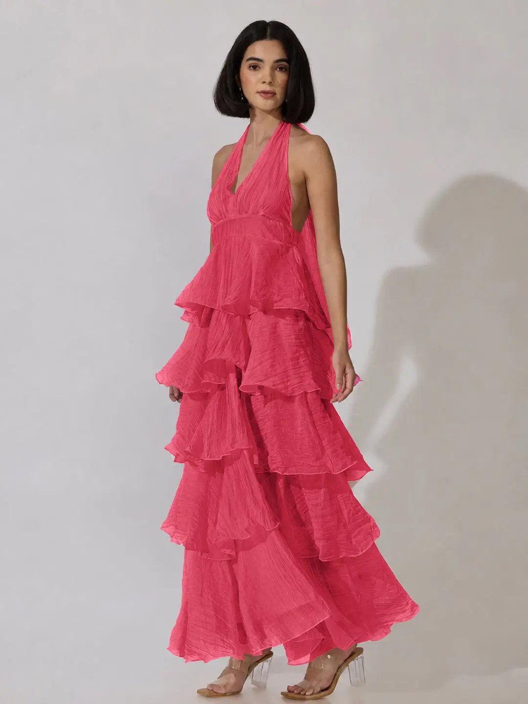 Women's Pink Tie-Up Neck Maxi Dress with Ruffle Detail - from SHOWOFFFF