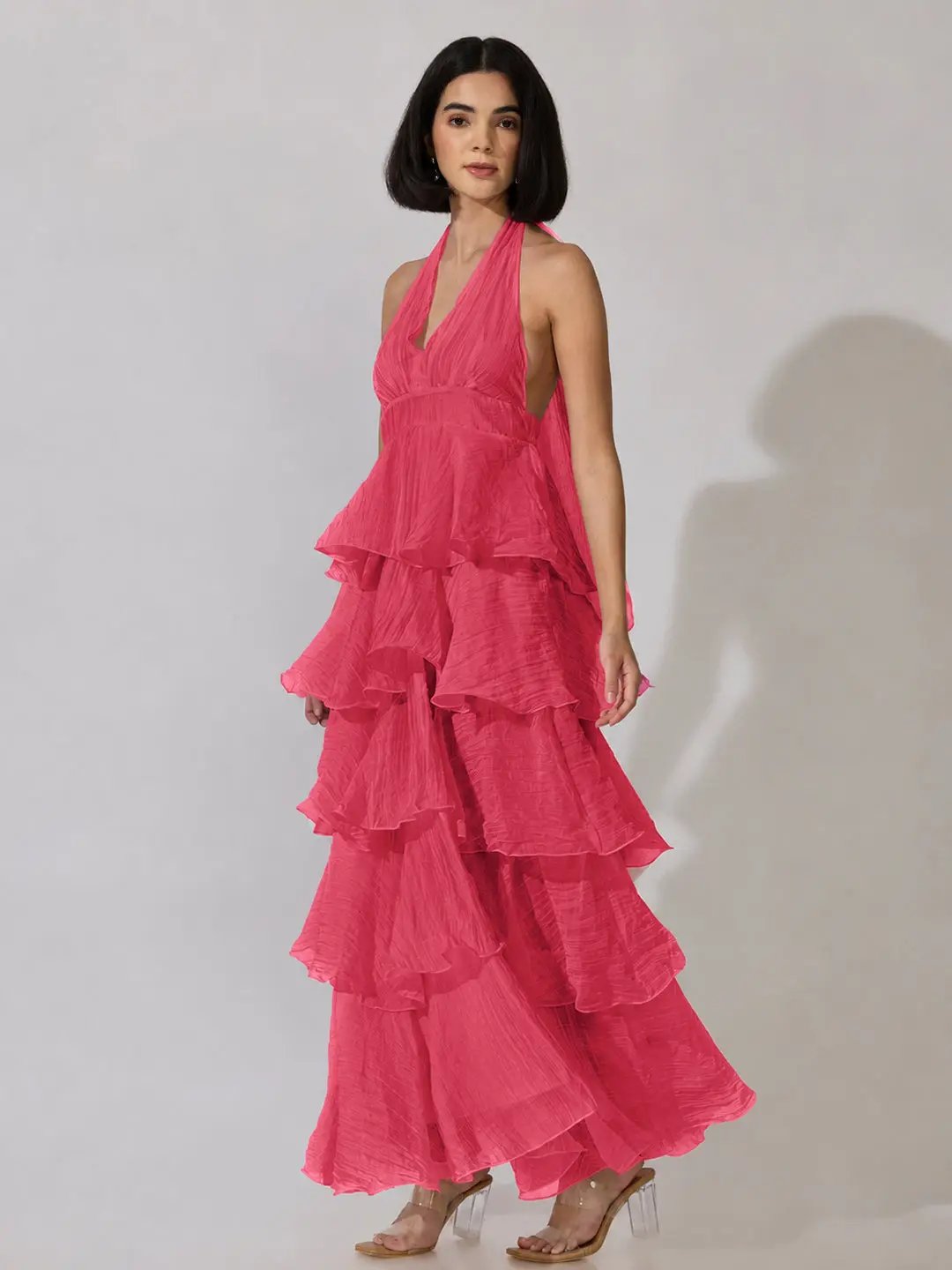 Women's Pink Halter Neck Maxi Dress with Ruffle Detail - Uncategorized from SHOWOFFFF