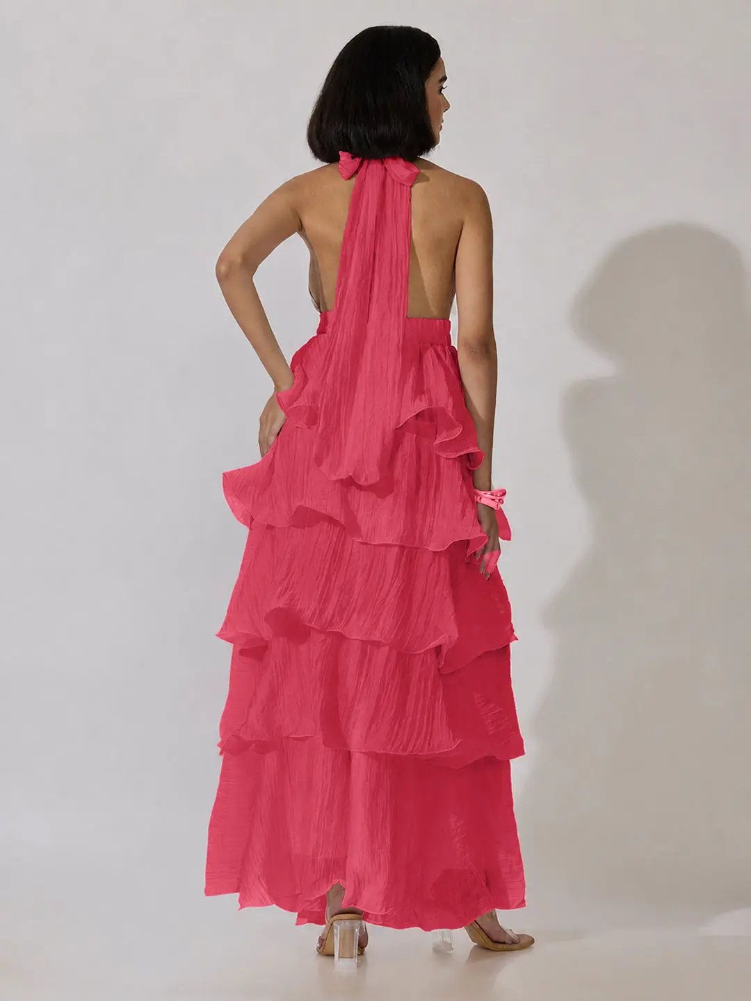 Women's Pink Tie-Up Neck Maxi Dress with Ruffle Detail - from SHOWOFFFF