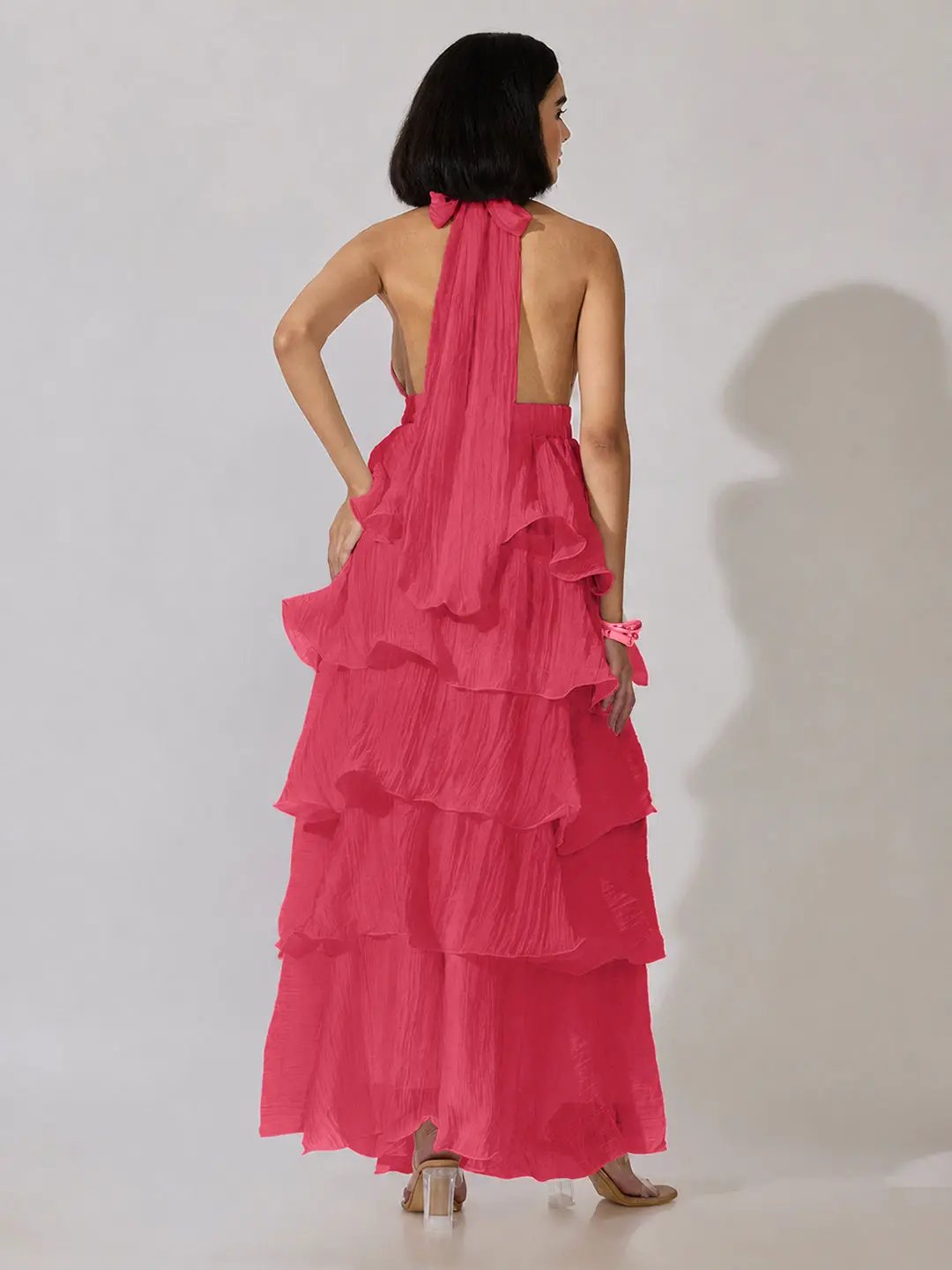 Women's Pink Halter Neck Maxi Dress with Ruffle Detail - Uncategorized from SHOWOFFFF