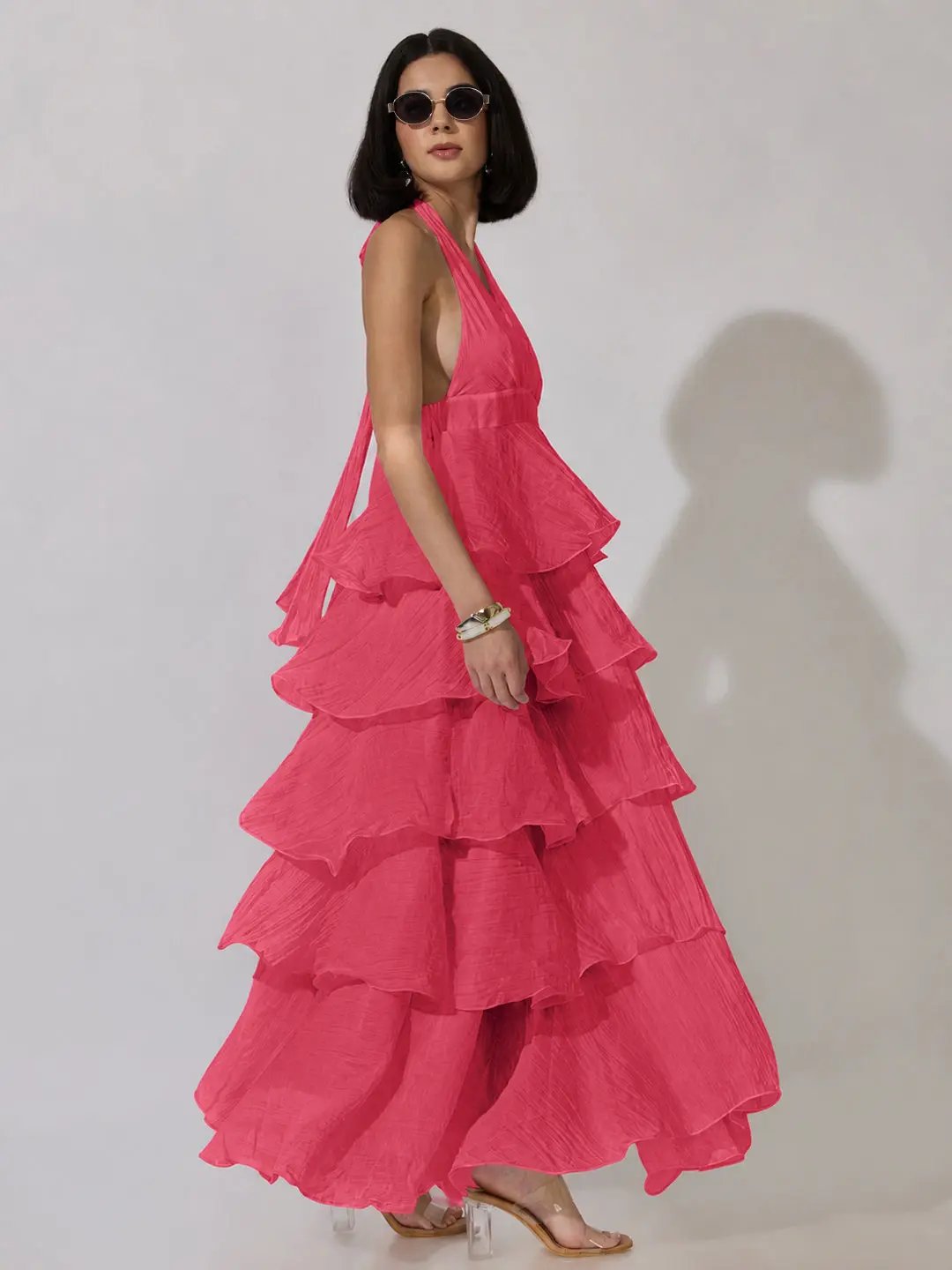 Women's Pink Tie-Up Neck Maxi Dress with Ruffle Detail - from SHOWOFFFF