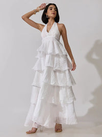 Women's White Halter Neck Maxi Dress with Ruffle Detail
