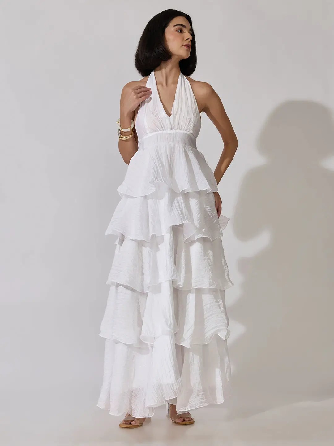 Women's White Tie-Up Neck Maxi Dress with Ruffle Detail