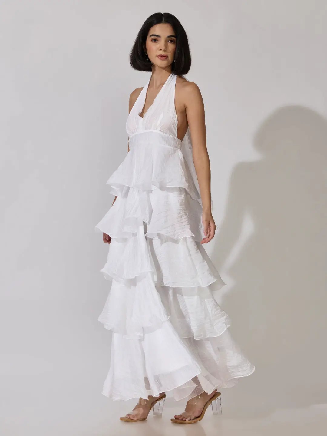 Women's White Tie-Up Neck Maxi Dress with Ruffle Detail