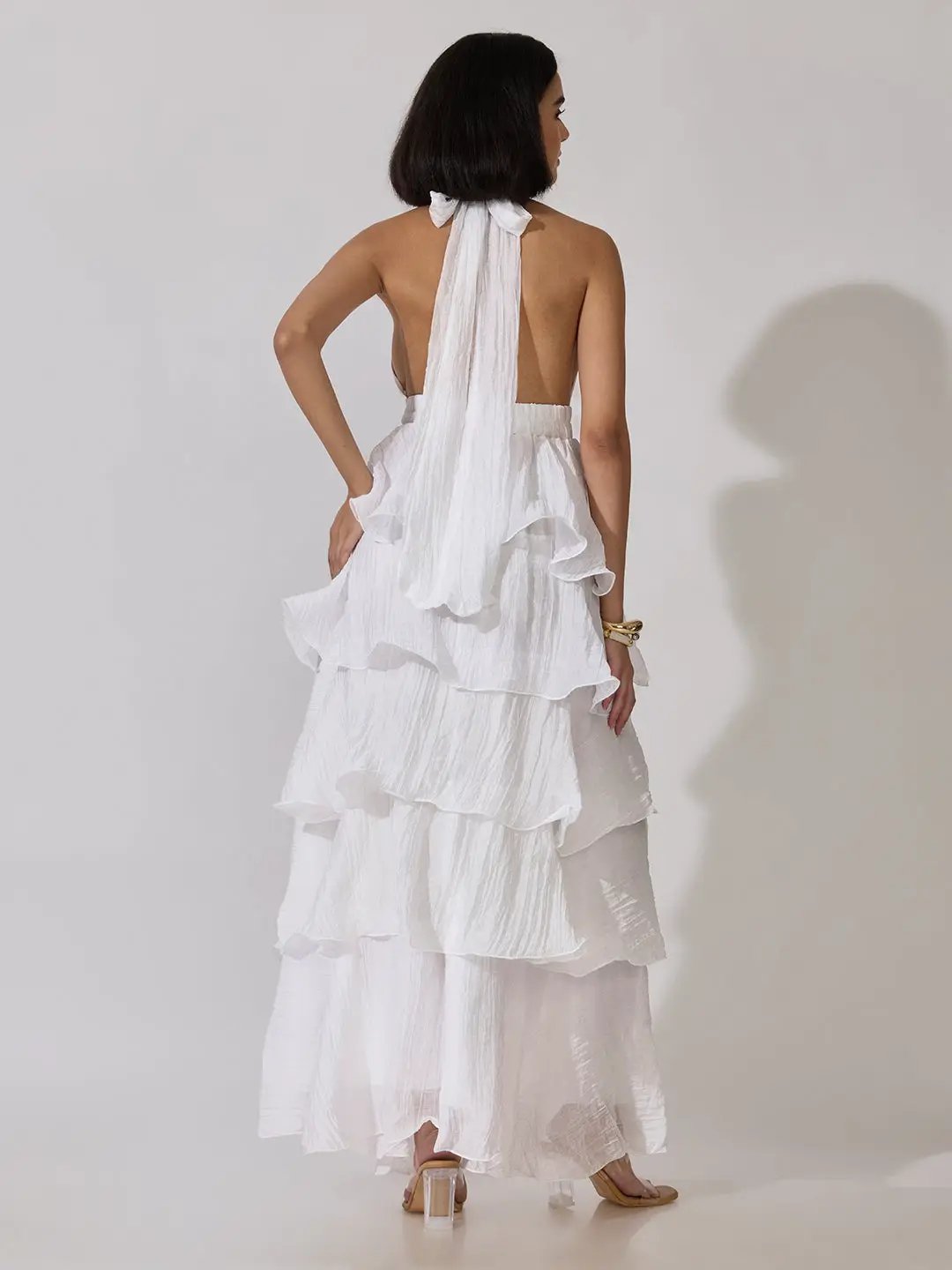 Women's White Tie-Up Neck Maxi Dress with Ruffle Detail