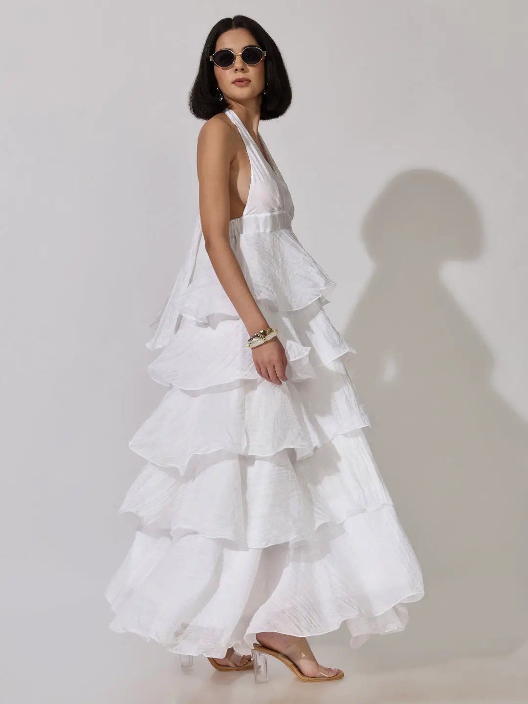 Women's White Tie-Up Neck Maxi Dress with Ruffle Detail