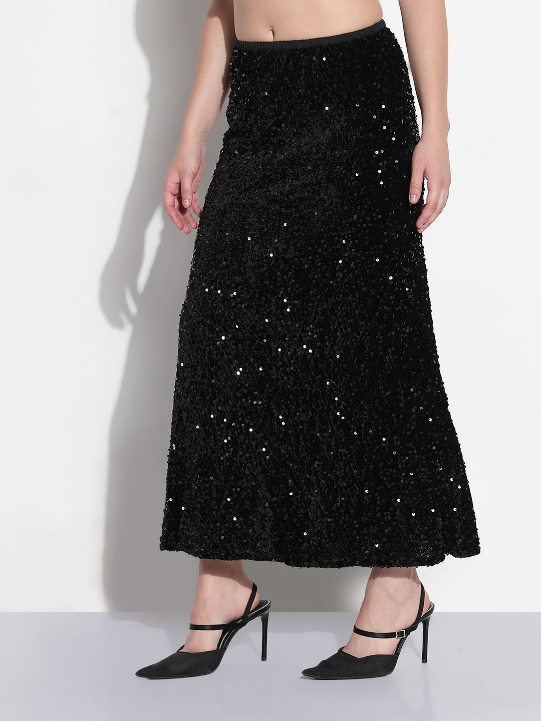 Women's Embellished Black Velvet A-Line Midi Skirt