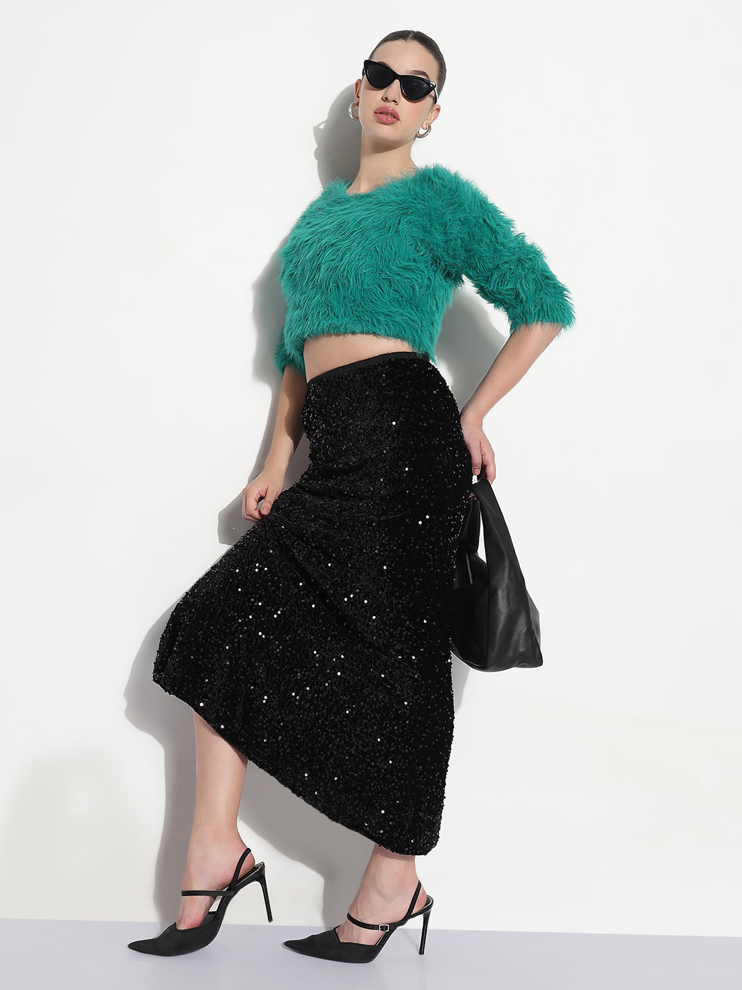 Women's Embellished Black Velvet A-Line Midi Skirt