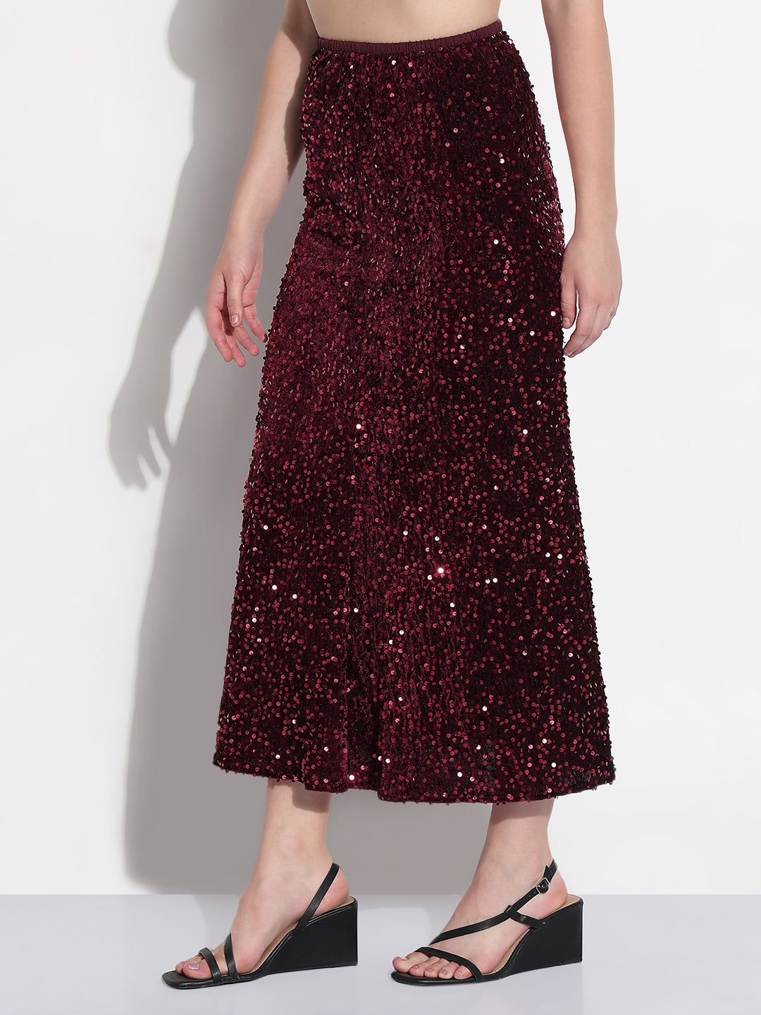 Women's Embellished Maroon Velvet A-Line Midi Skirt