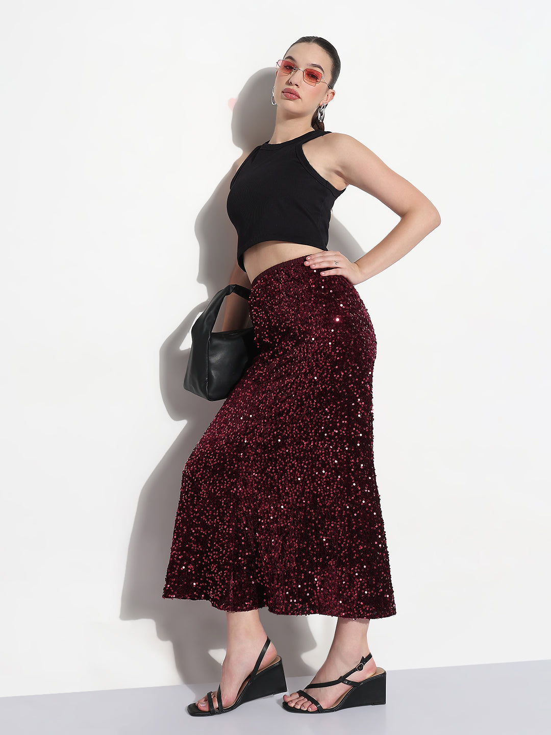 Women's Embellished Maroon Velvet A-Line Midi Skirt