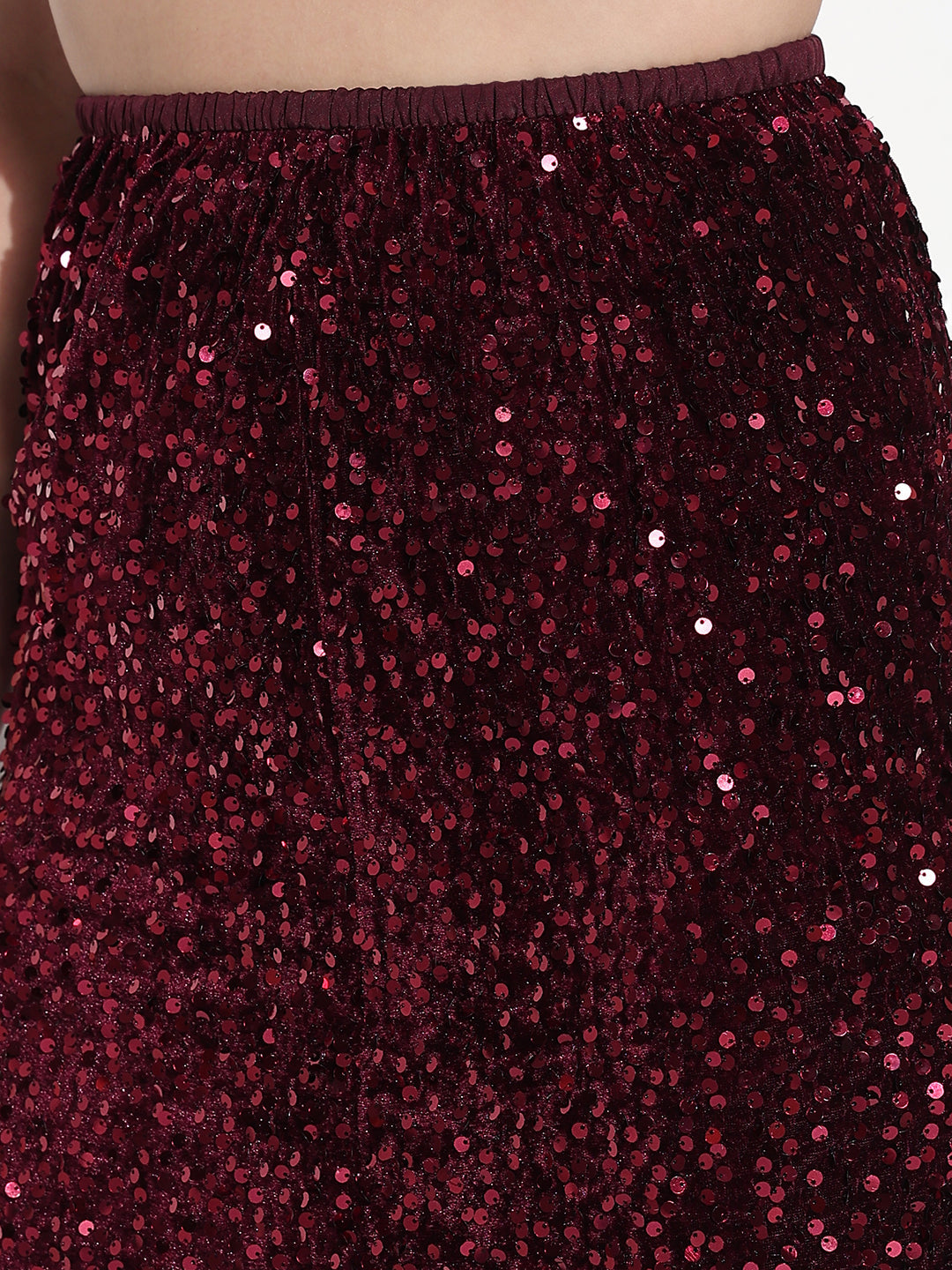 Women's Embellished Maroon Velvet A-Line Midi Skirt