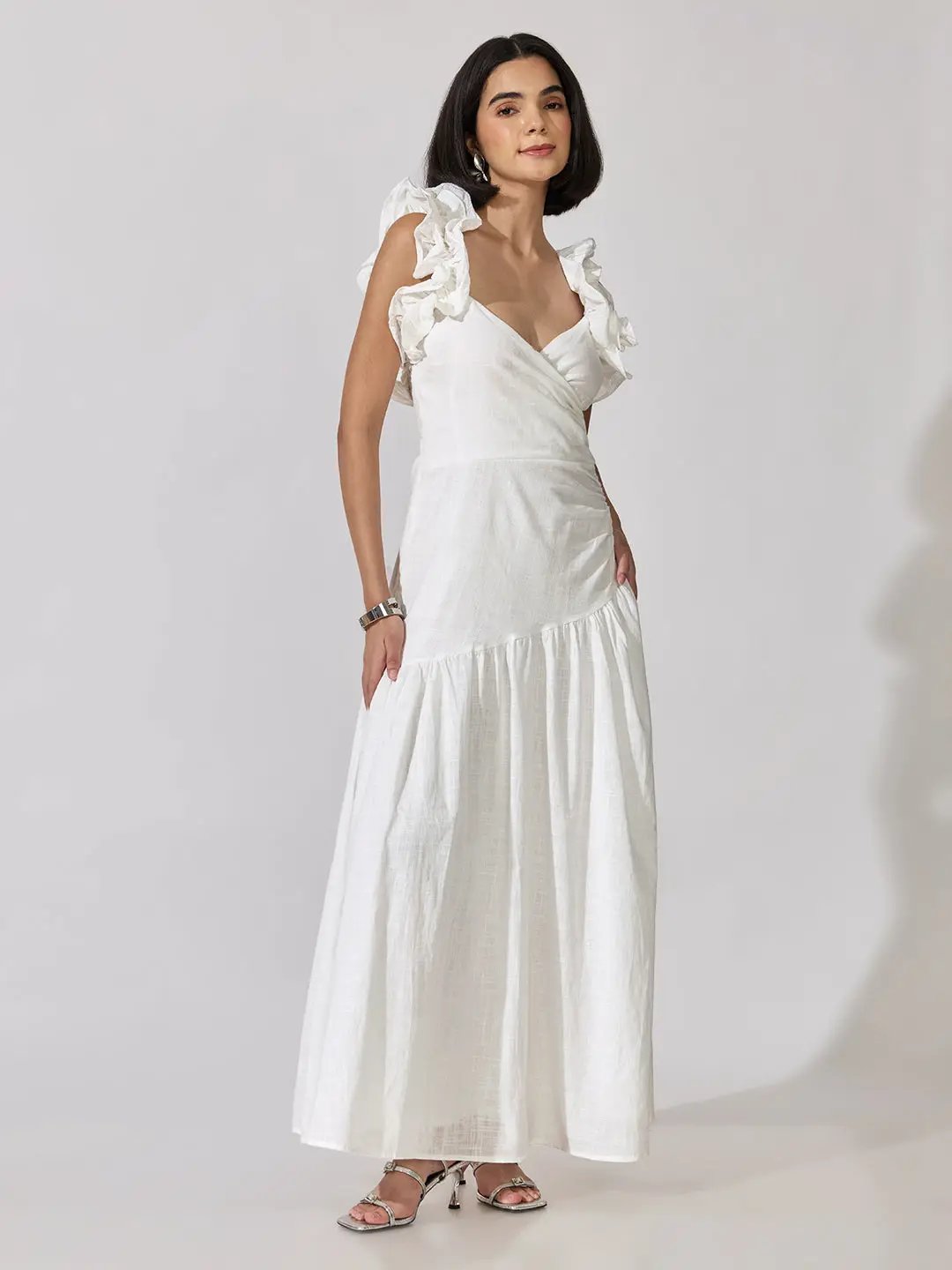Women's White Ruffle Sleeve Maxi Dress