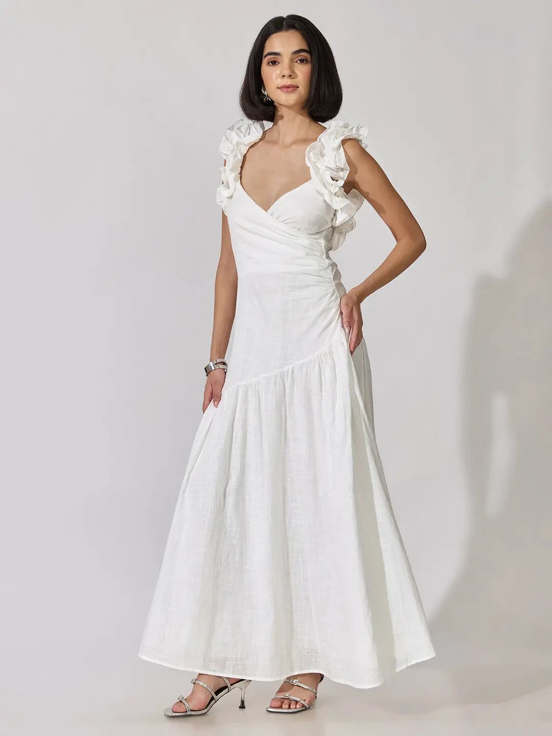 Women's White Ruffle Sleeve Maxi Dress