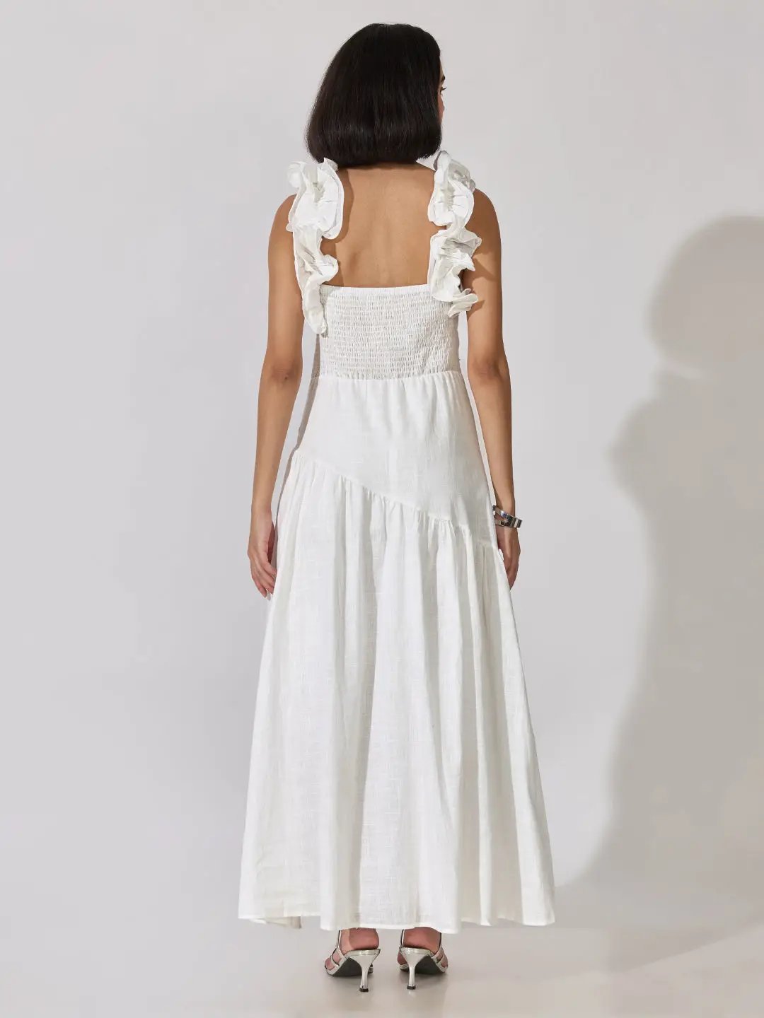 Women's White Ruffle Sleeve Maxi Dress