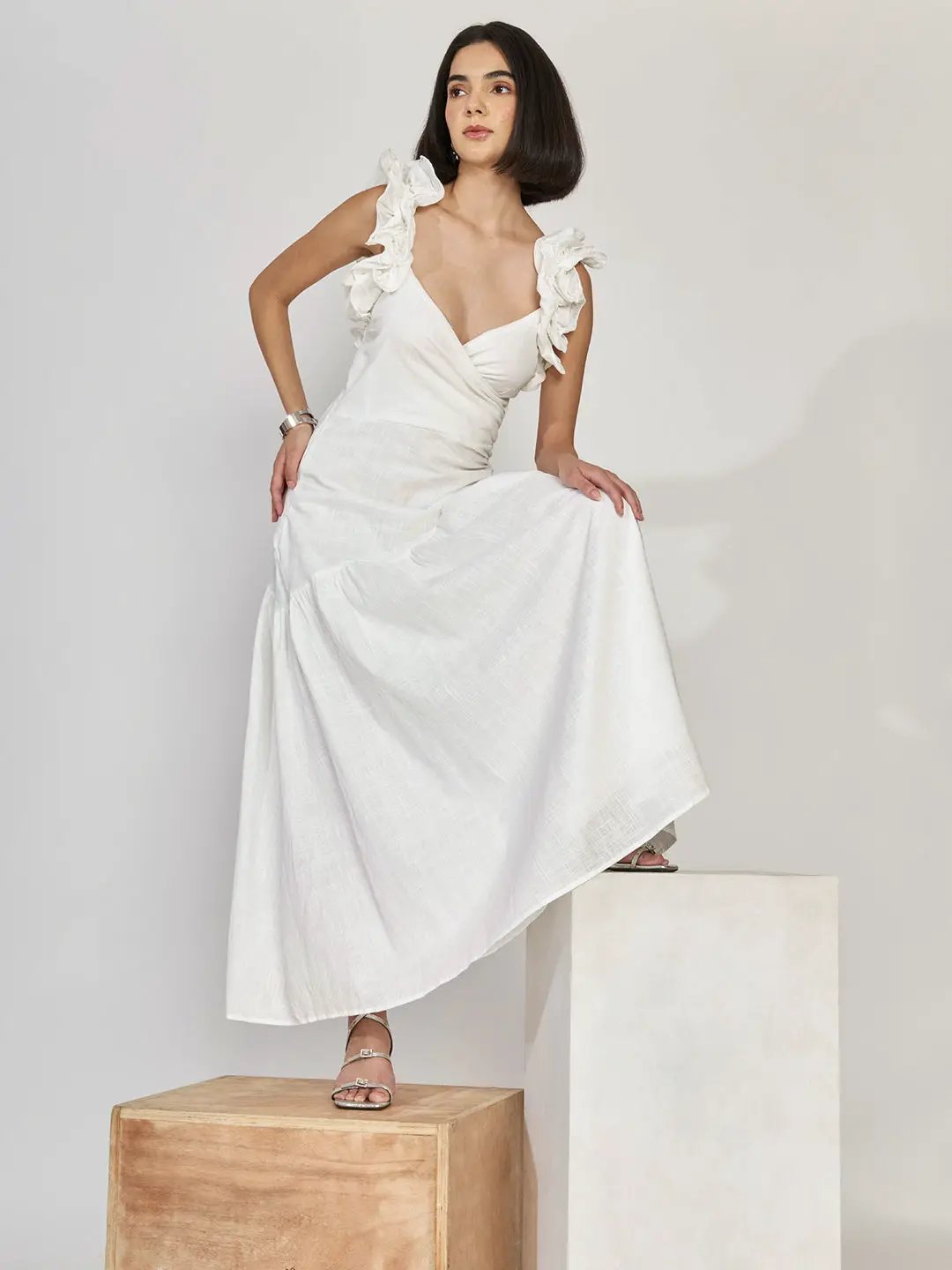 Women's White Ruffle Sleeve Maxi Dress
