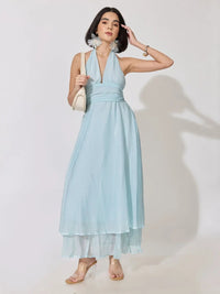 Women's Blue Halter Neck Layered Maxi Dress