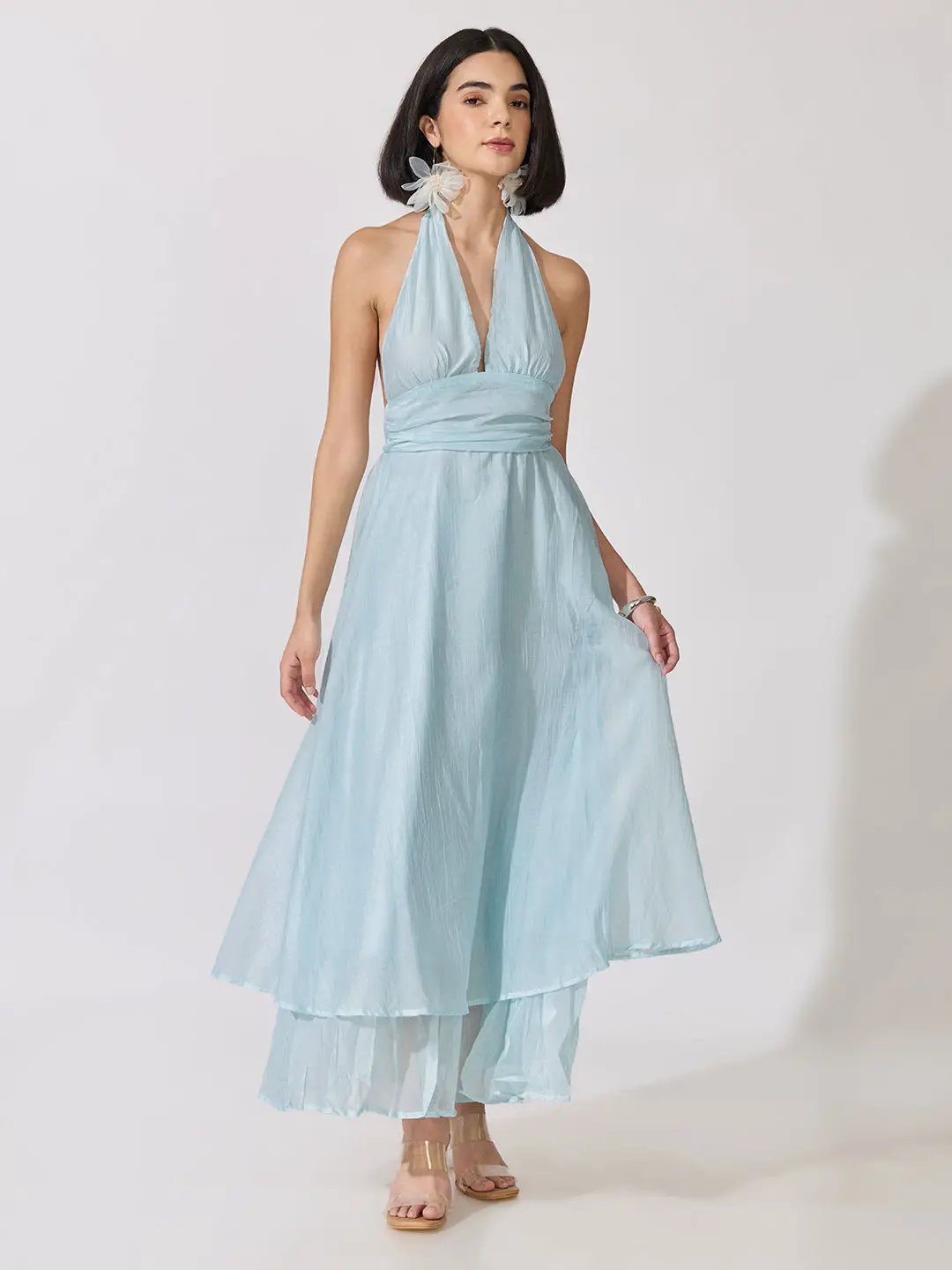 Women's Blue Tie-Up Neck Layered Maxi Dress