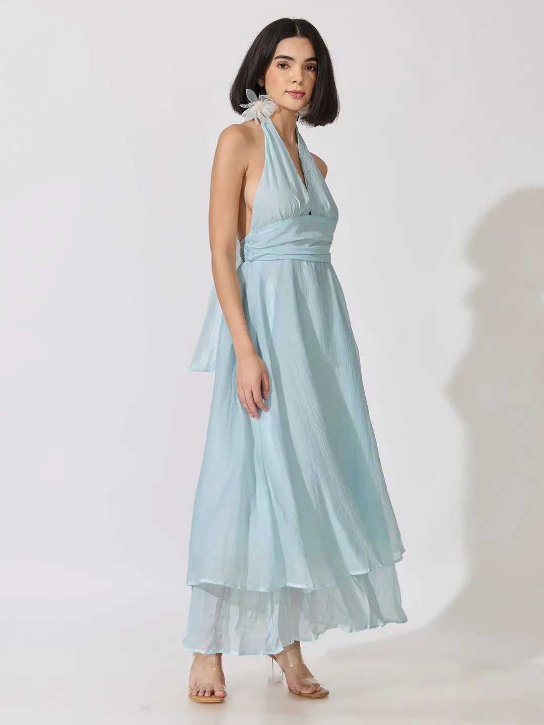 Women's Blue Tie-Up Neck Layered Maxi Dress