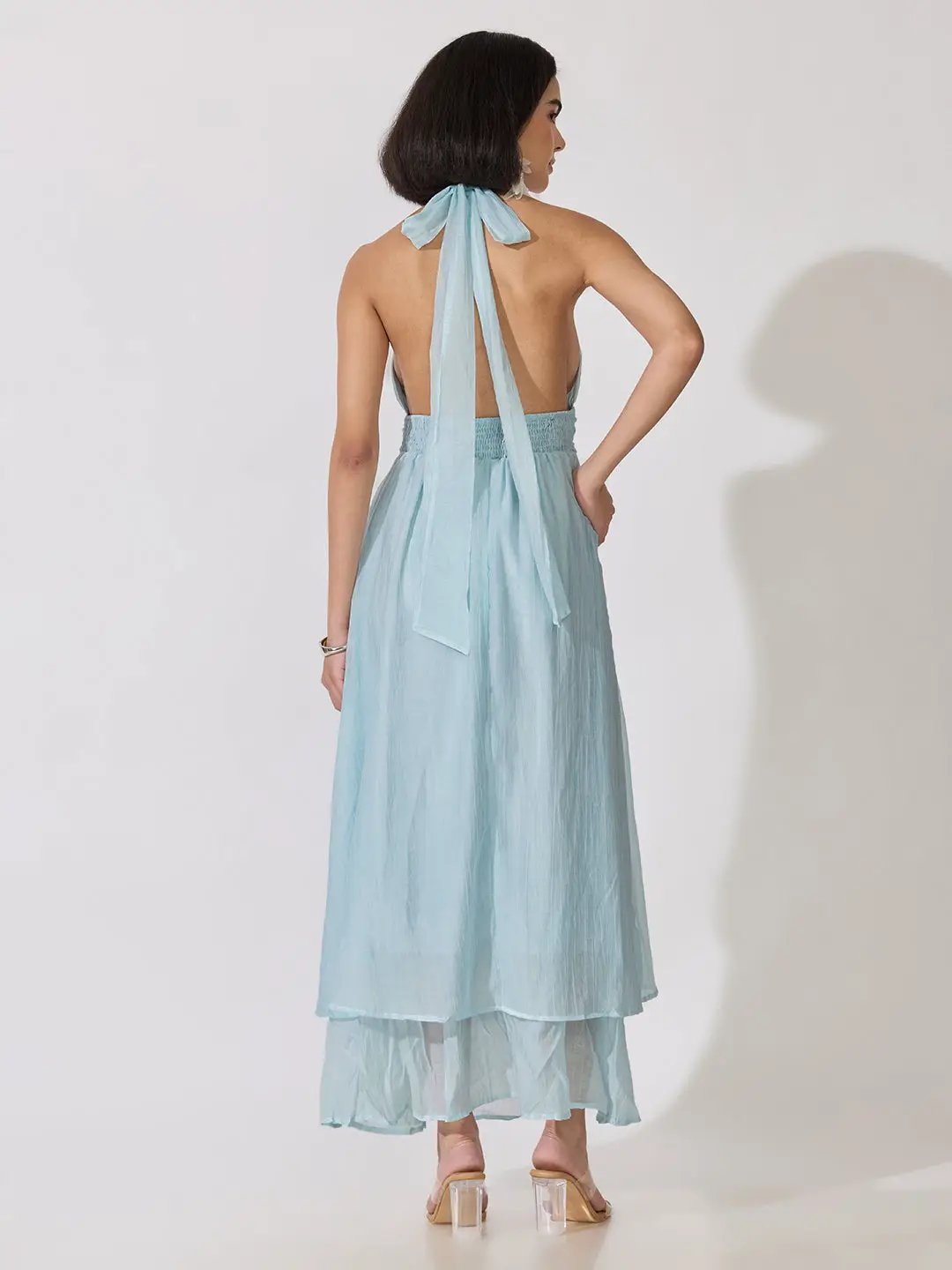 Women's Blue Tie-Up Neck Layered Maxi Dress