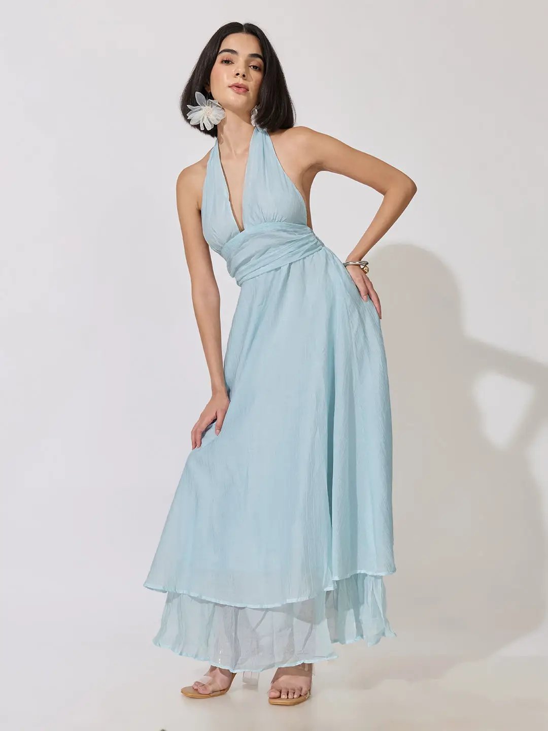 Women's Blue Tie-Up Neck Layered Maxi Dress