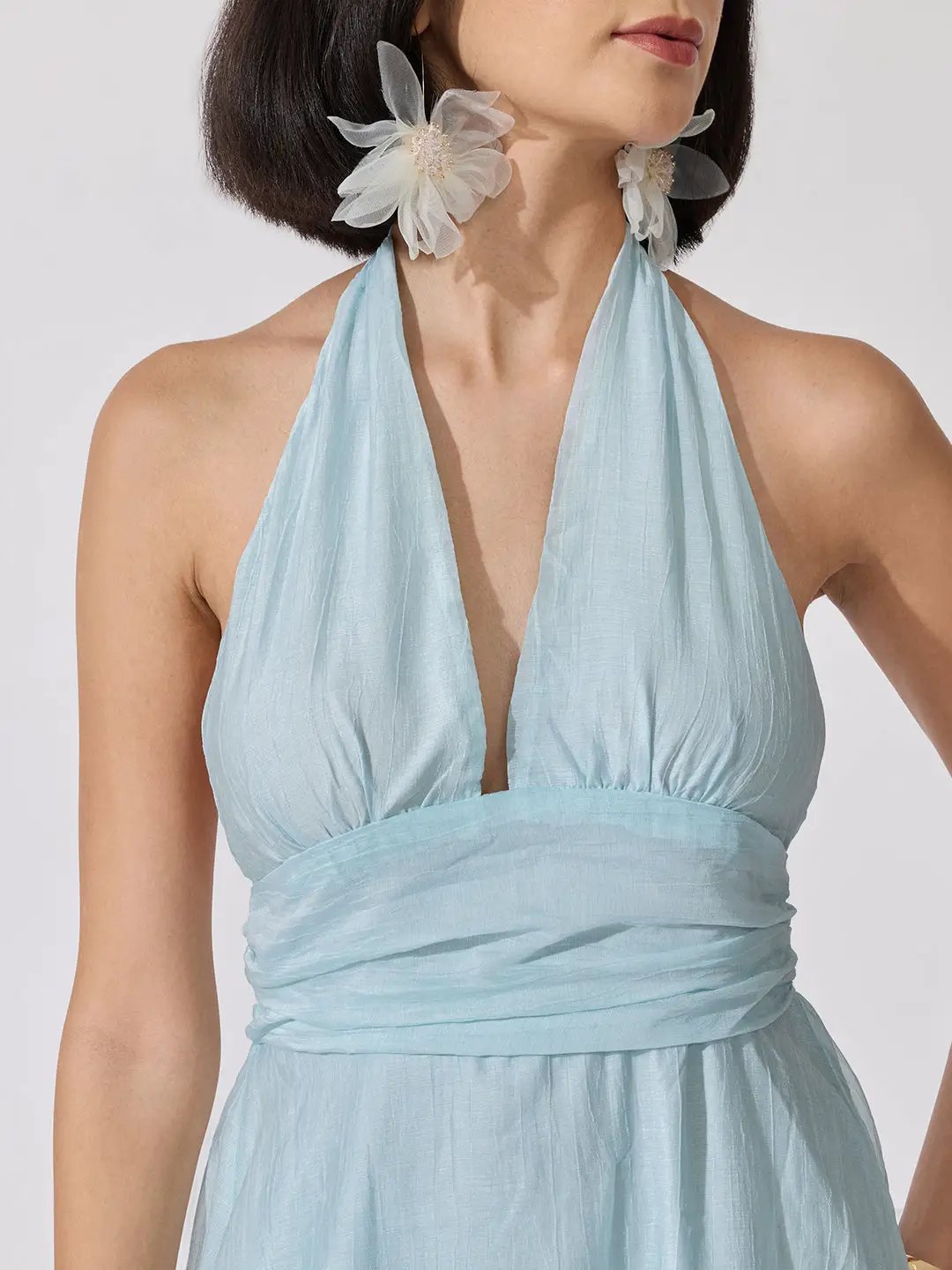 Women's Blue Tie-Up Neck Layered Maxi Dress