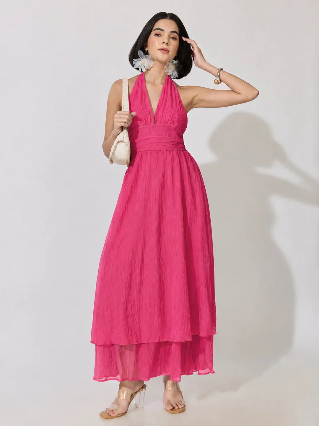 Women's Pink Tie-Up Neck Layered Maxi Dress - from SHOWOFFFF