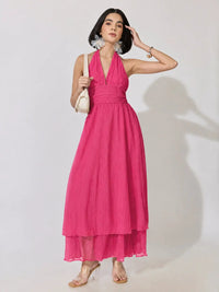 Women's Pink Halter Neck Layered Maxi Dress
