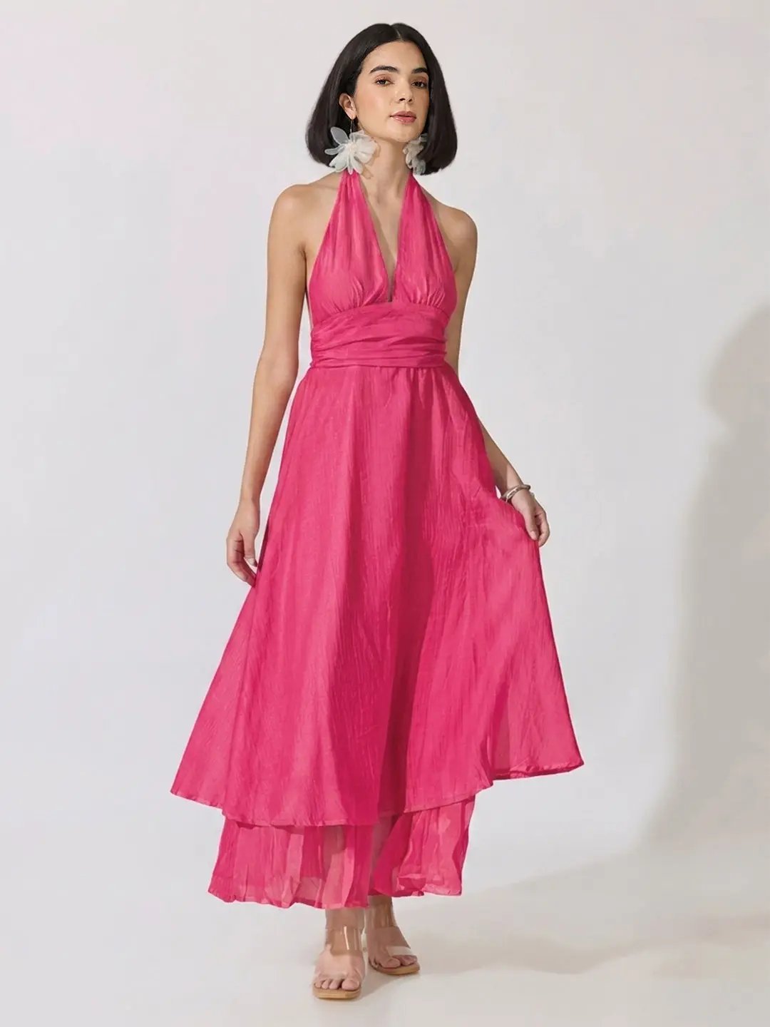 Women's Pink Tie-Up Neck Layered Maxi Dress - from SHOWOFFFF