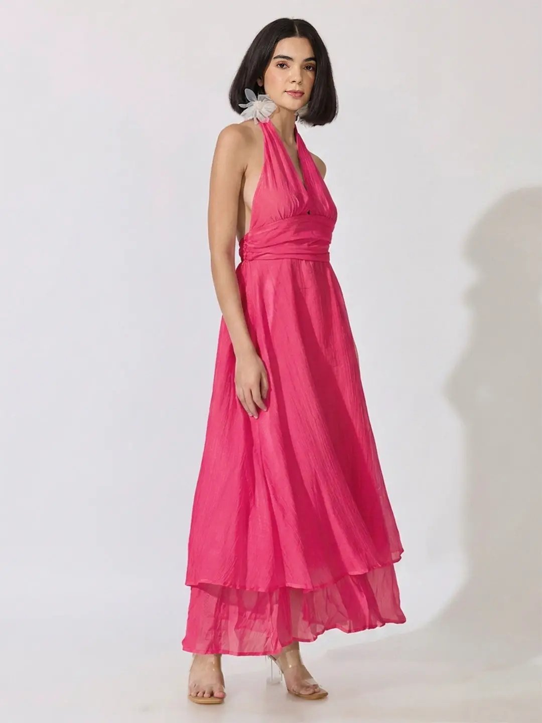 Women's Pink Tie-Up Neck Layered Maxi Dress - from SHOWOFFFF