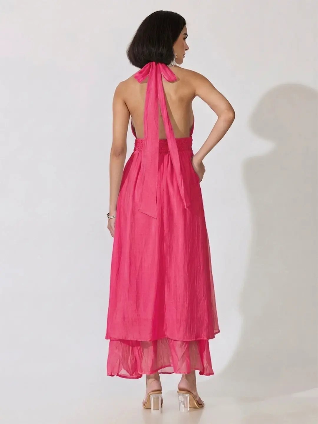 Women's Pink Tie-Up Neck Layered Maxi Dress - from SHOWOFFFF
