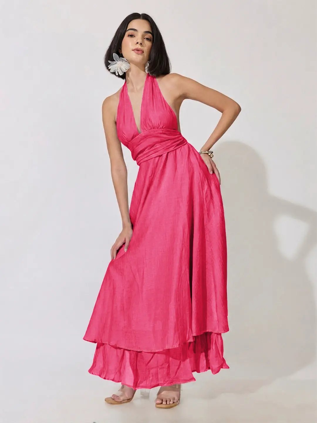 Women's Pink Tie-Up Neck Layered Maxi Dress - from SHOWOFFFF