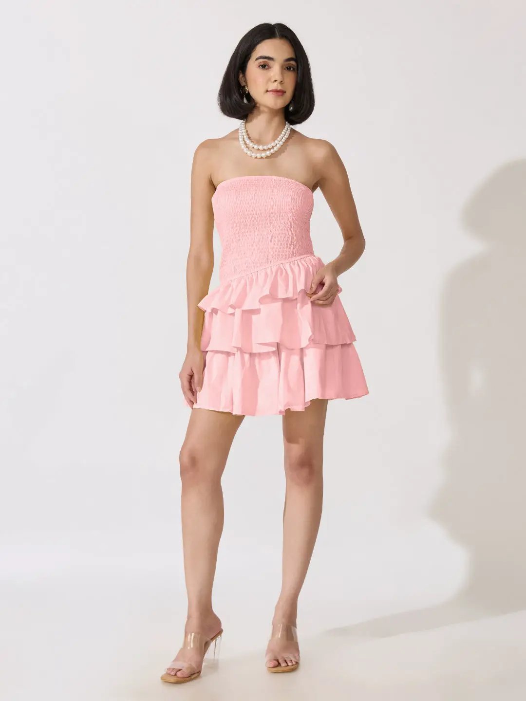 Women's Pink Smocked Strapless Ruffle Layered Mini Dress - from SHOWOFFFF