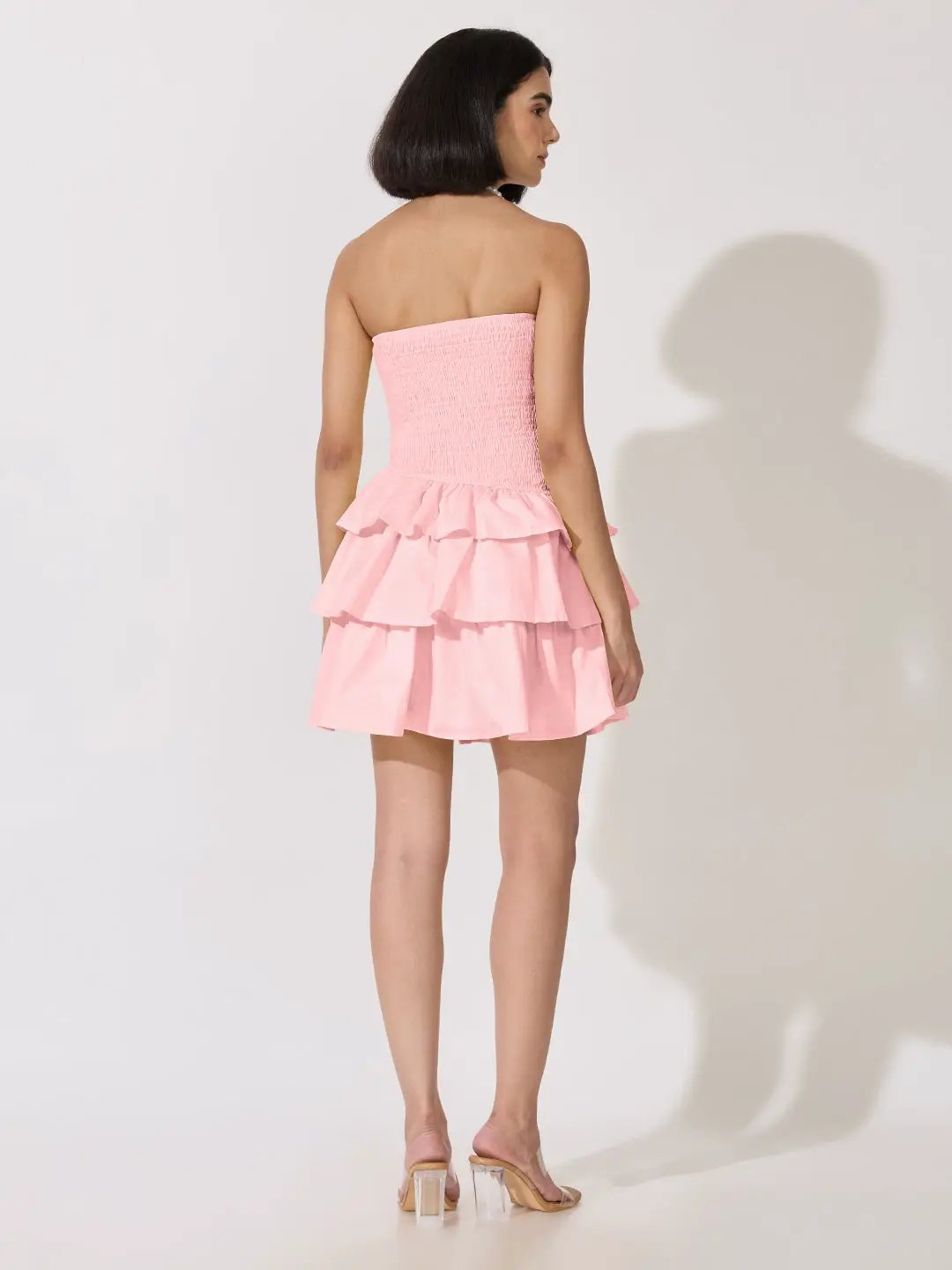 Women's Pink Smocked Strapless Ruffle Layered Mini Dress - from SHOWOFFFF