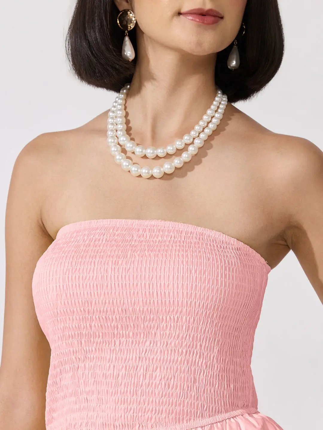 Women's Pink Smocked Strapless Ruffle Layered Mini Dress - from SHOWOFFFF