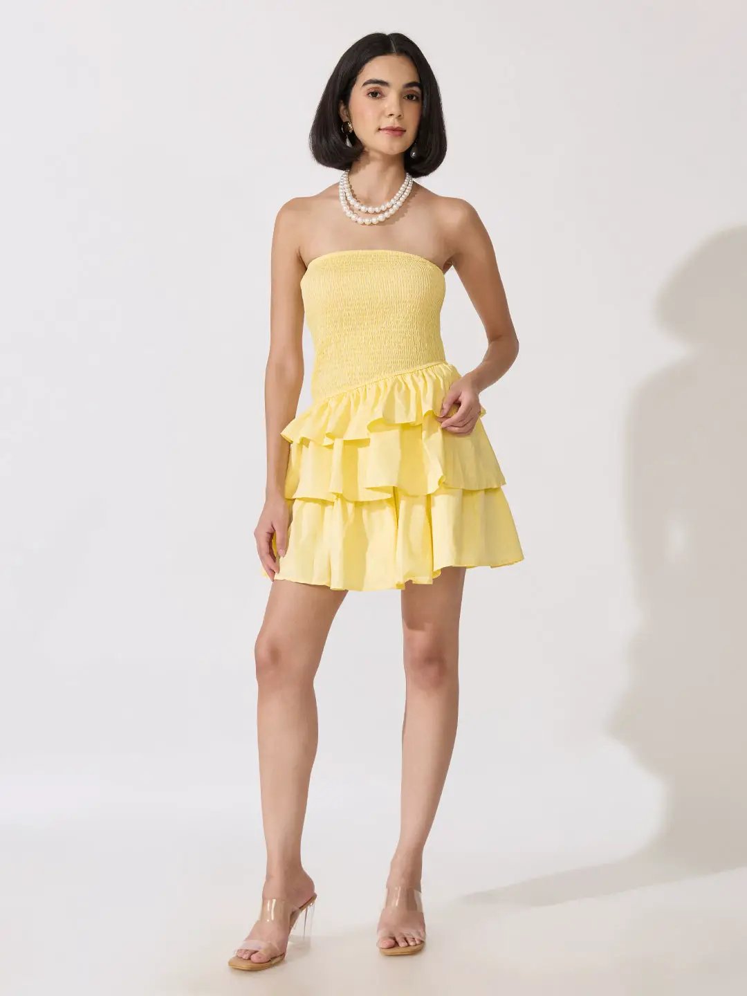 Women's Yellow Smocked Strapless Ruffle Layered Mini Dress