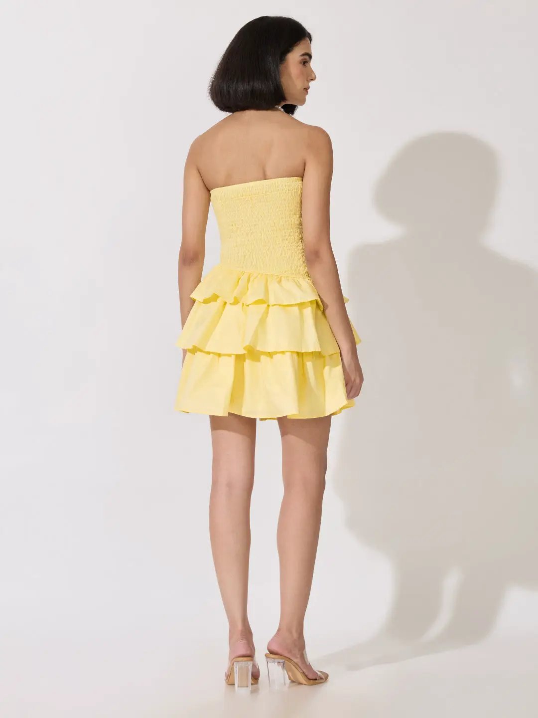 Women's Yellow Smocked Strapless Ruffle Layered Mini Dress