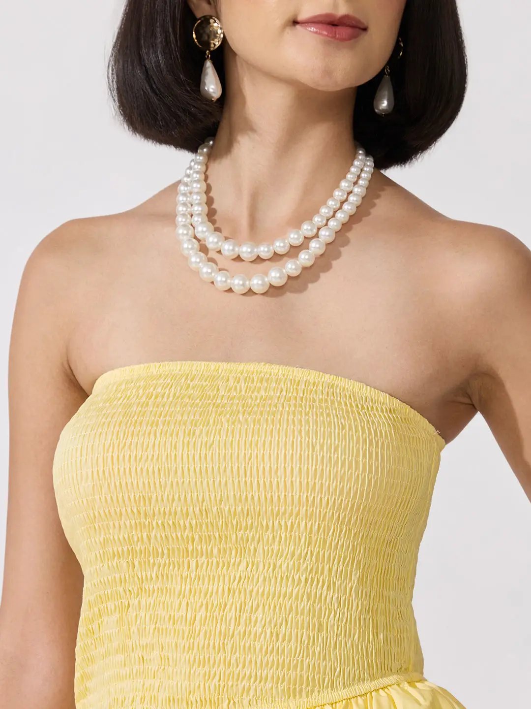 Women's Yellow Smocked Strapless Ruffle Layered Mini Dress