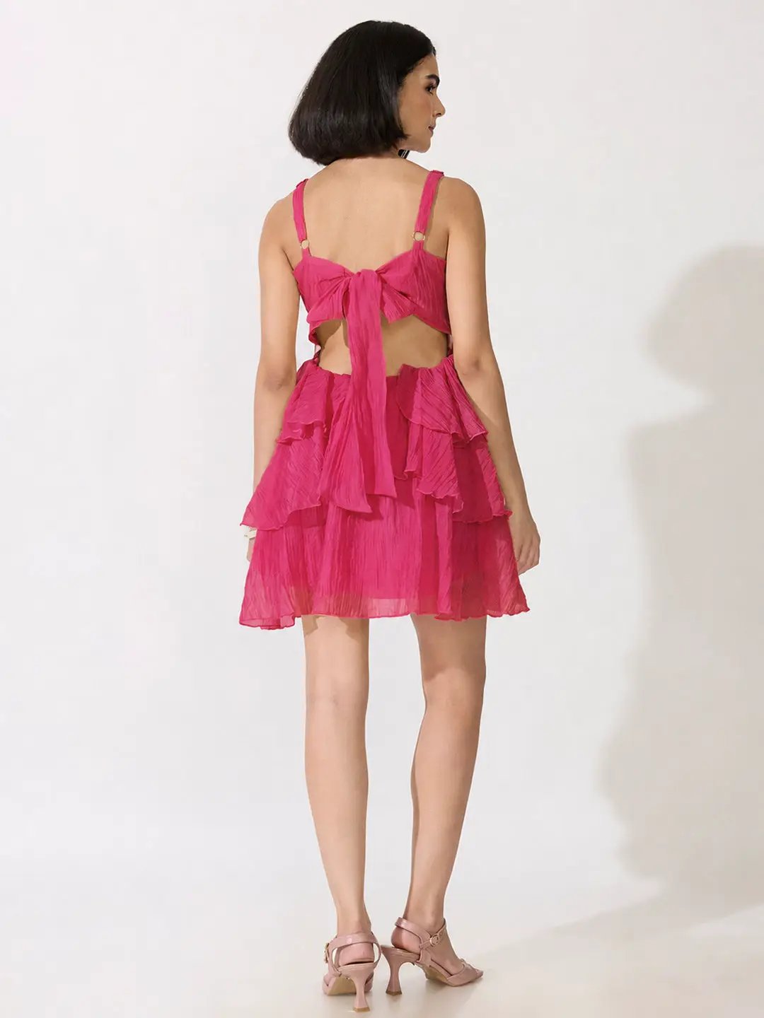 Women's Pink Shoulder Strap Mini Dress with Ruffle Detail - from SHOWOFFFF