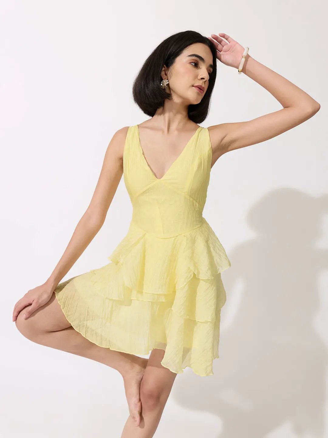 Women's Yellow Shoulder Strap Mini Dress with Ruffle Detail