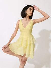 Women's Yellow Shoulder Strap Mini Dress with Ruffle Detail