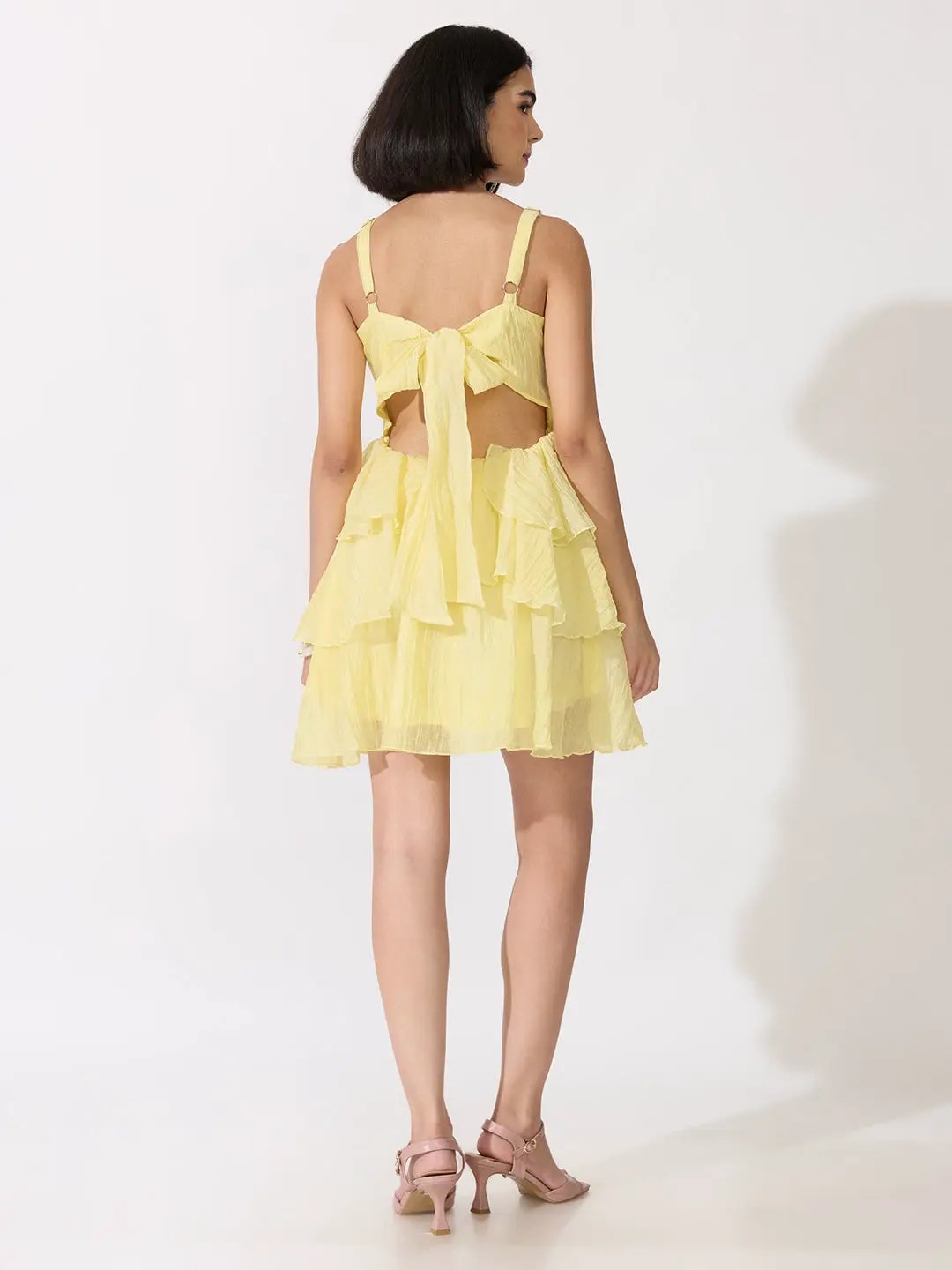 Women's Yellow Shoulder Strap Mini Dress with Ruffle Detail