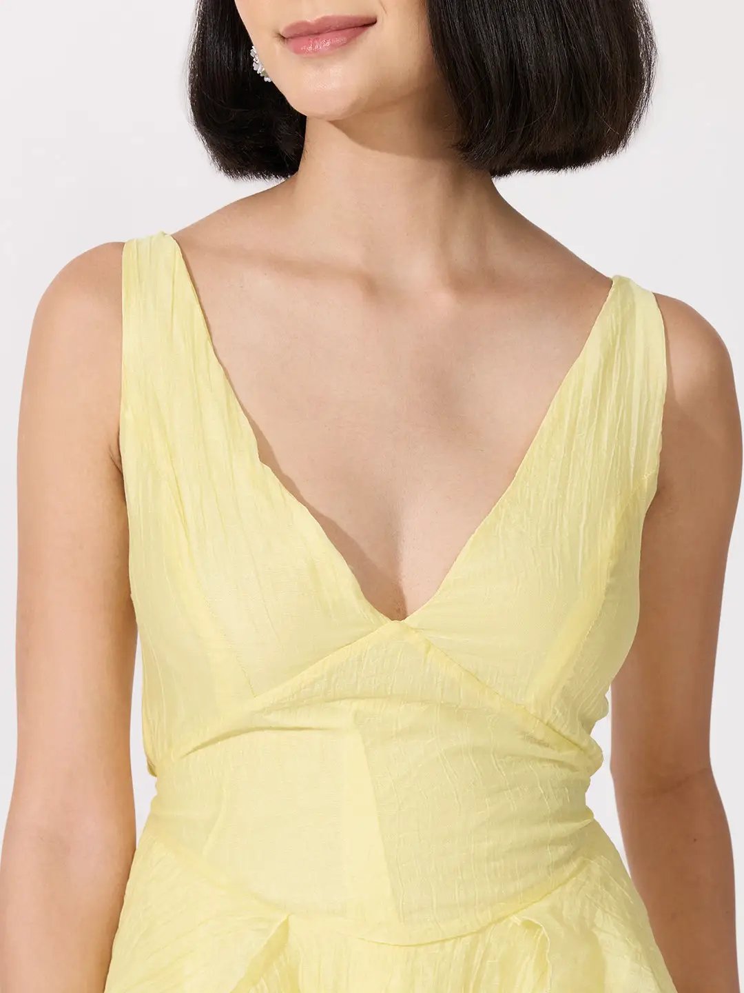 Women's Yellow Shoulder Strap Mini Dress with Ruffle Detail