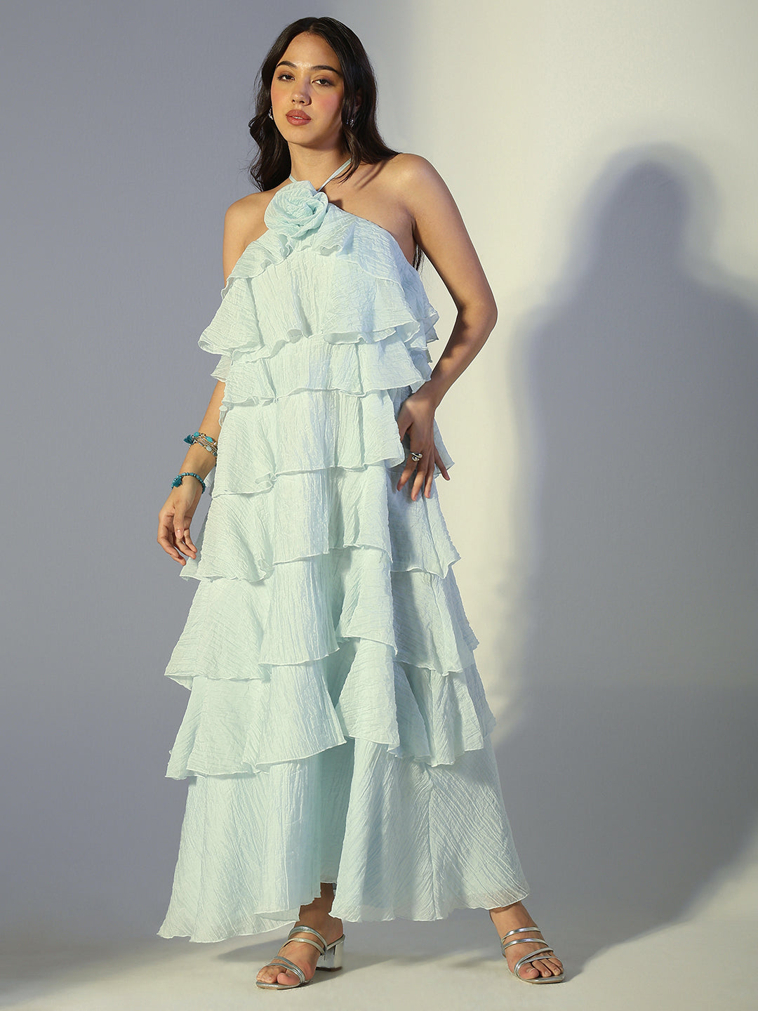 Women's Blue Tie-up Neck Layered Maxi Dress with Floral Detail