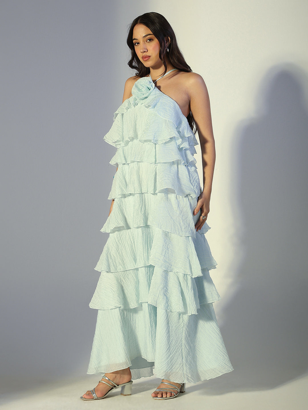 Women's Blue Tie-up Neck Layered Maxi Dress with Floral Detail