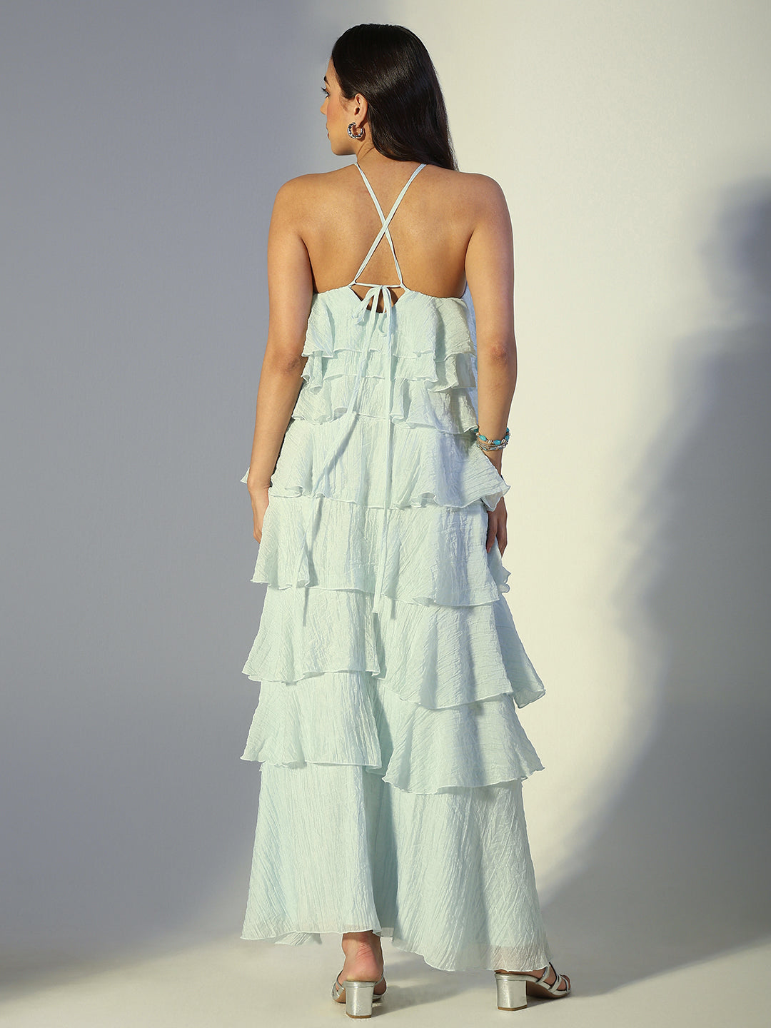 Women's Blue Tie-up Neck Layered Maxi Dress with Floral Detail