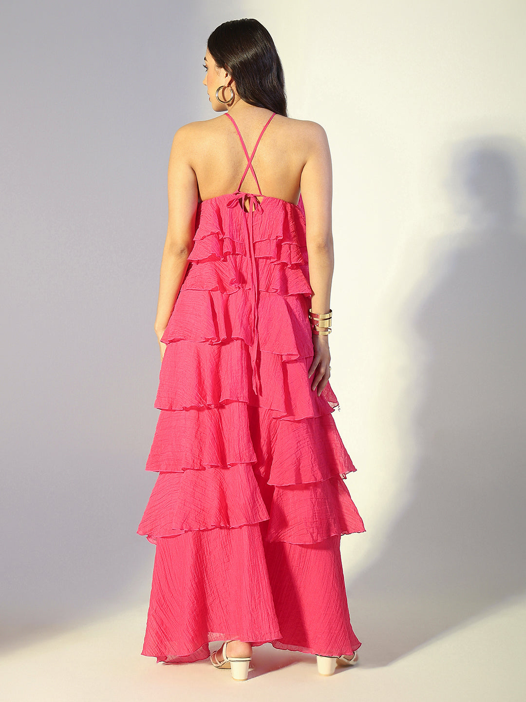 Women's Pink Tie-up Neck Layered Maxi Dress with Floral Detail