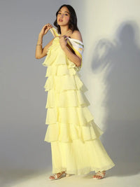Women's Yellow Tie-up Neck Layered Maxi Dress with Floral Detail