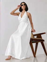 Women's White Halter Neck Sleeveless Maxi Dress