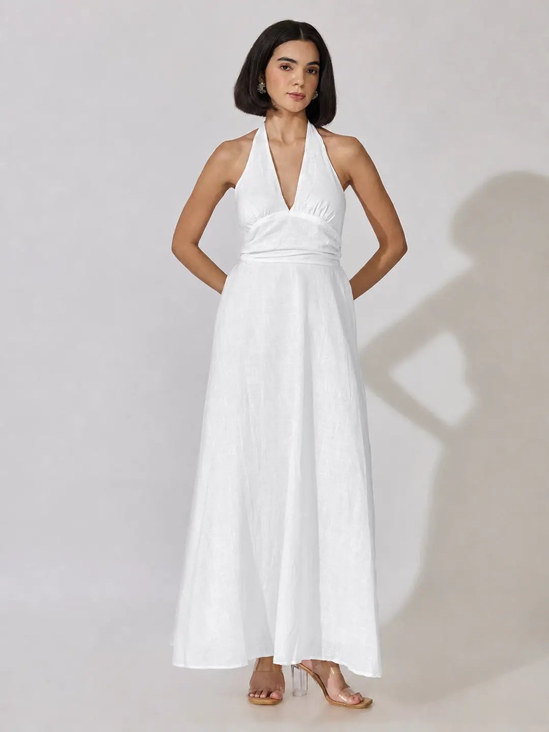 Women's White Sleeveless Maxi Dress with Tie-Up Neck